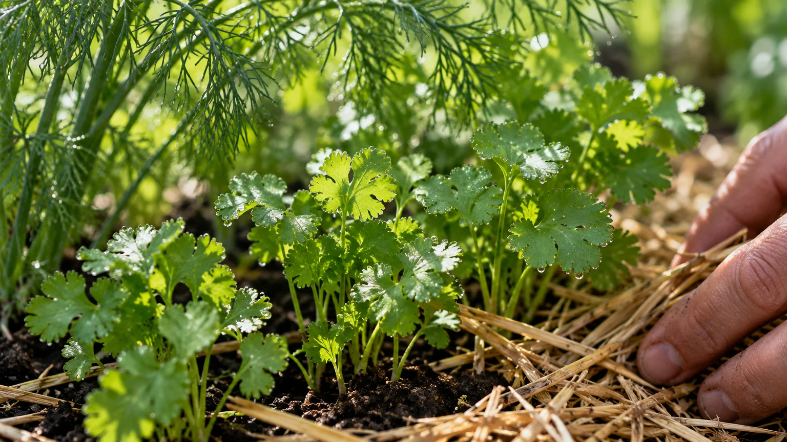 Fresh green cilantro seedlings growing in rich soil next to dill, with straw mulch placed by a gardener's hand.