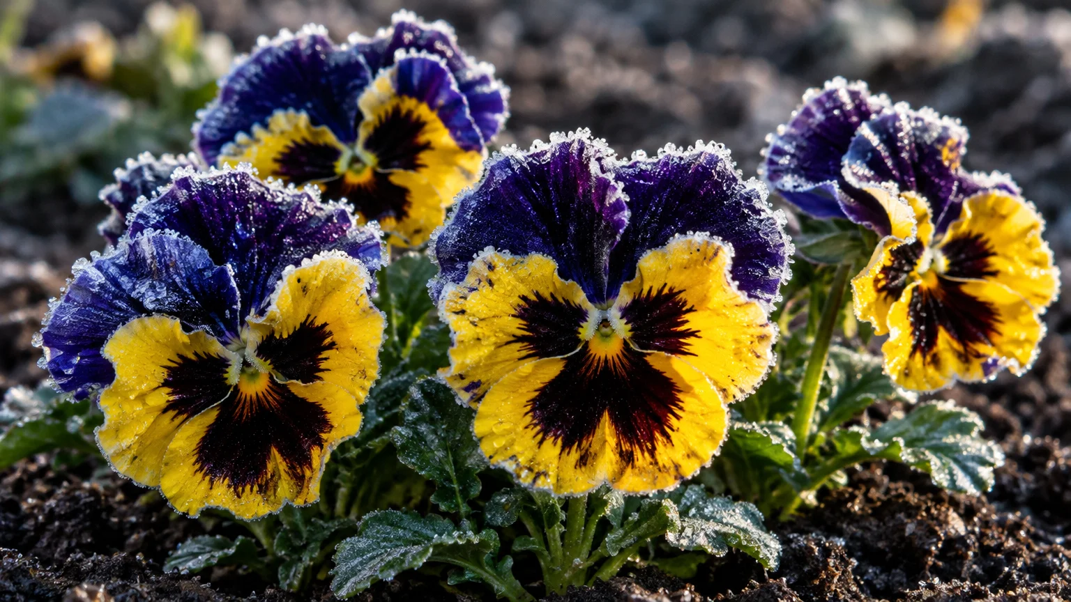 Purple and yellow pansy flowers edged with morning frost growing in dark soil.