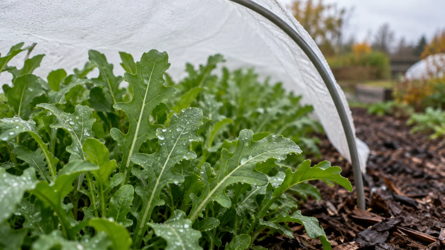 Green arugula plants covered in water droplets grow in garden mulch beneath a white fabric row cover tunnel.