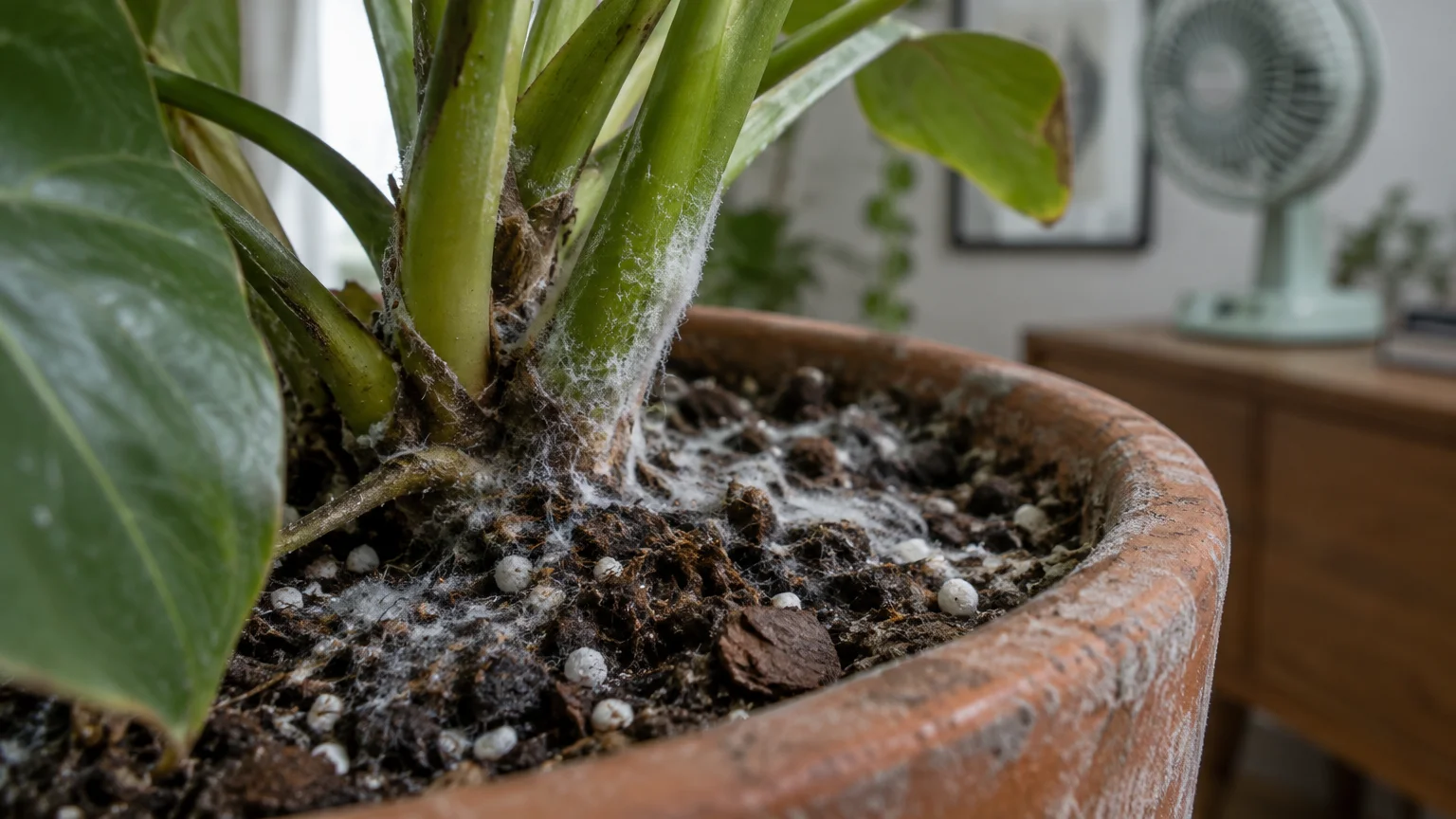 White mold and fuzzy mildew coating potting soil and plant stems in a terracotta pot with a fan in the background.