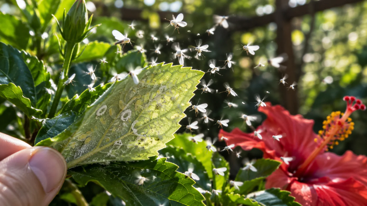 A hand lifts an infested hibiscus leaf, sending a swarm of tiny whiteflies flying into the air near a red flower.