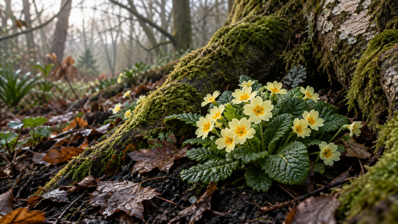 Pale yellow primrose flowers blooming among textured leaves beside a moss-covered tree root in a woodland.