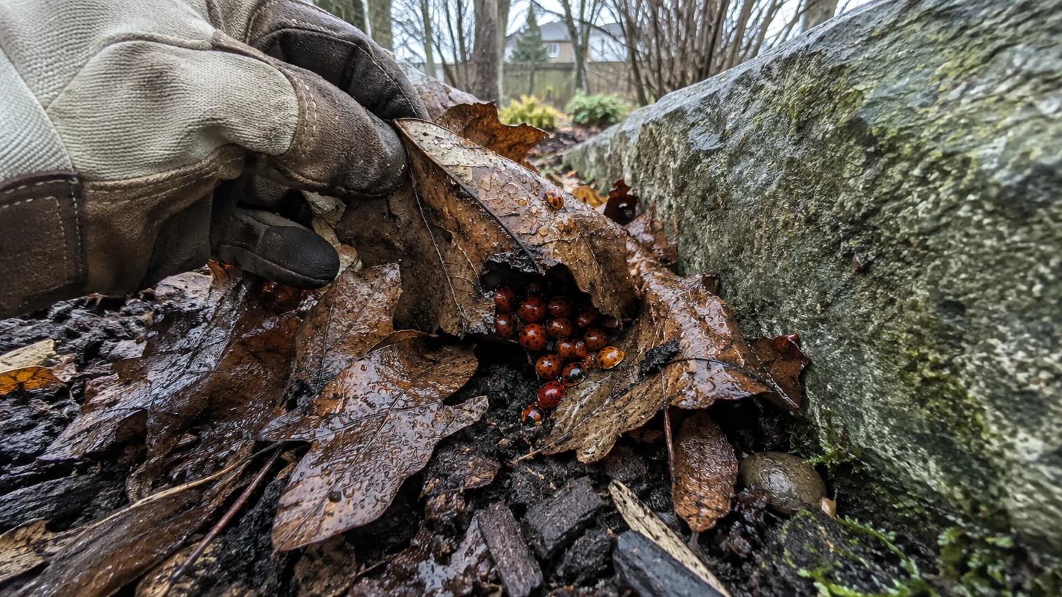 A gloved hand lifts a wet brown leaf to reveal a cluster of ladybugs sheltering next to a large rock.