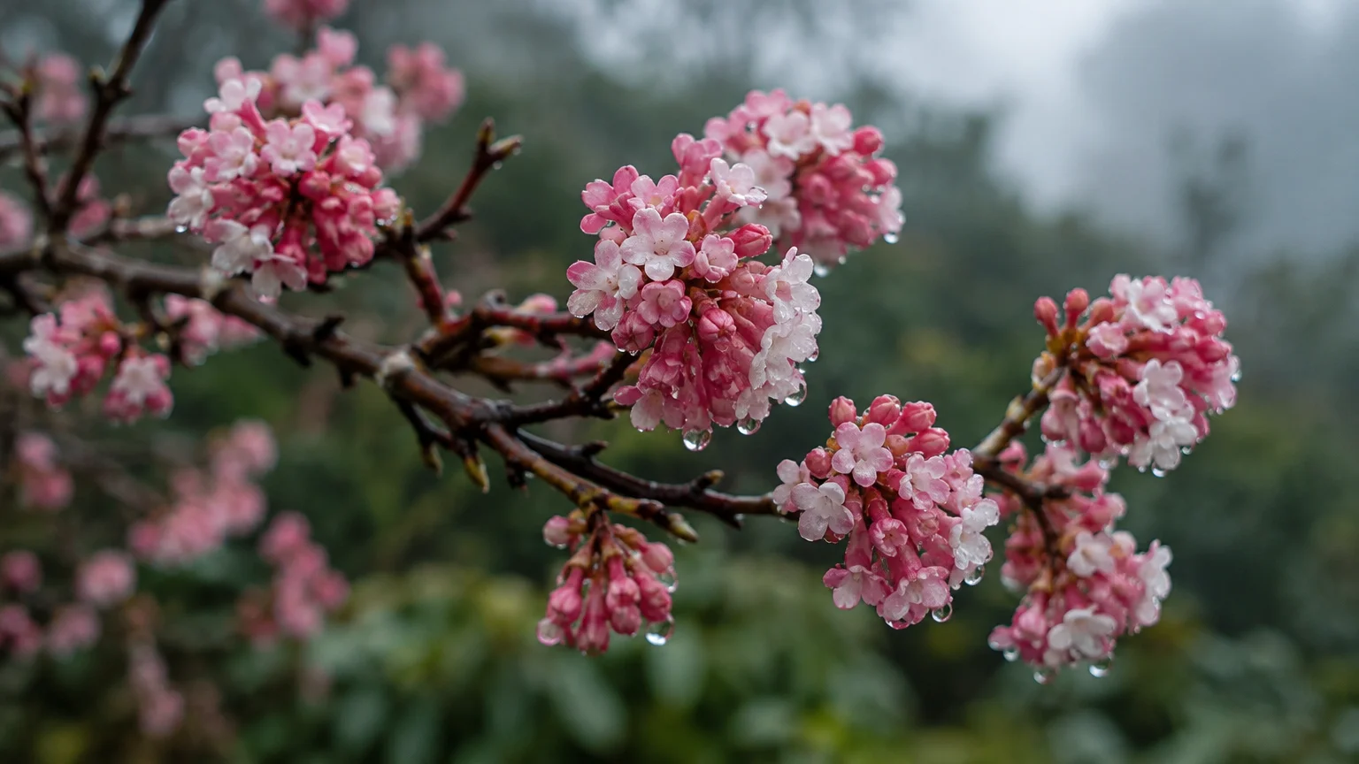 Clusters of pink tubular flowers covered in rain droplets bloom on bare dark branches against a misty green background.