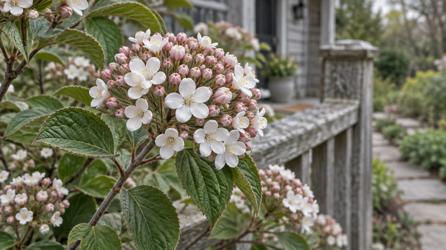 Clustered white florets and blush-pink buds of a viburnum shrub blooming near a weathered wooden railing.