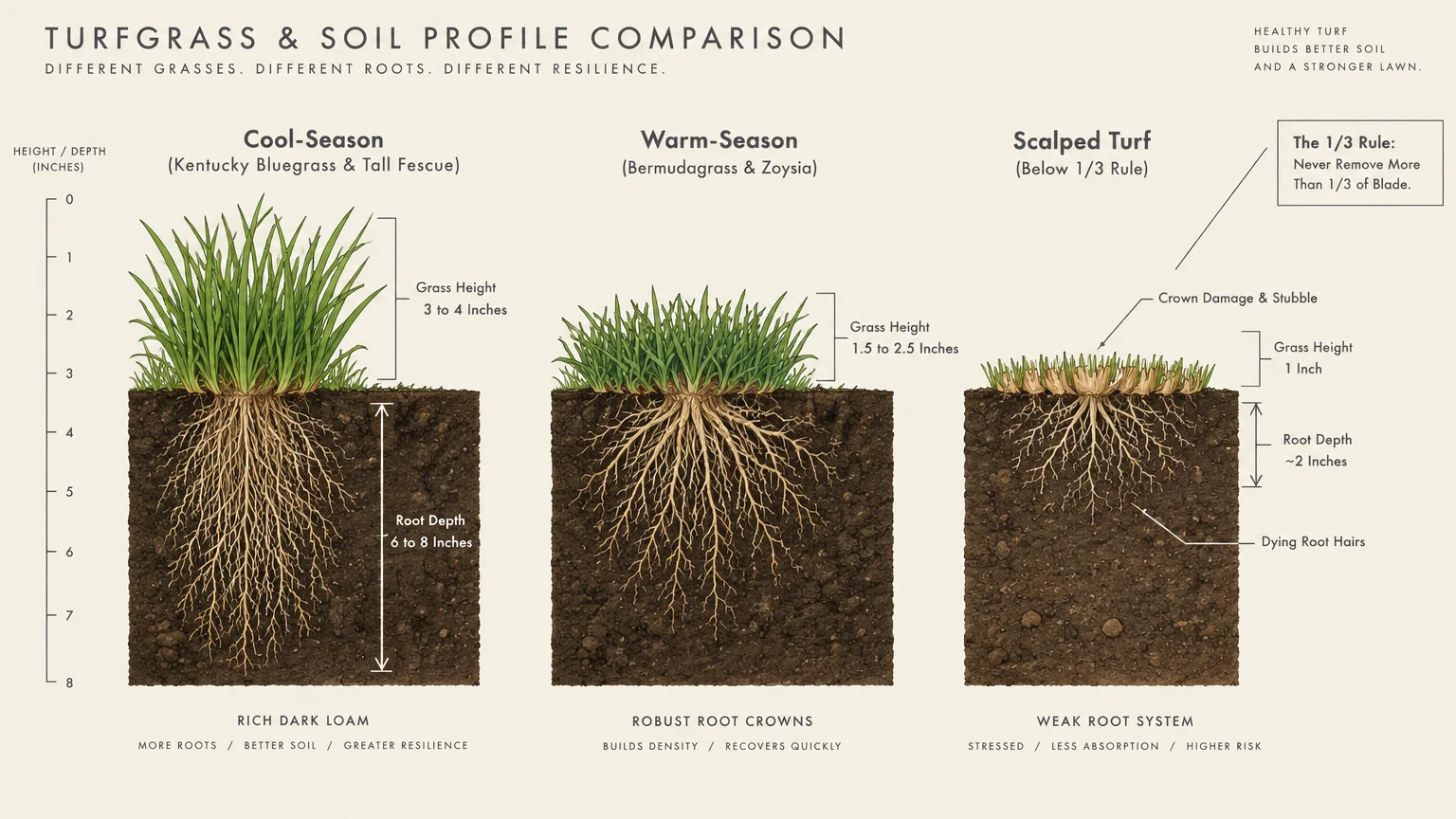 Diagram comparing root depth and grass height across cool-season grass, warm-season grass, and scalped turf.