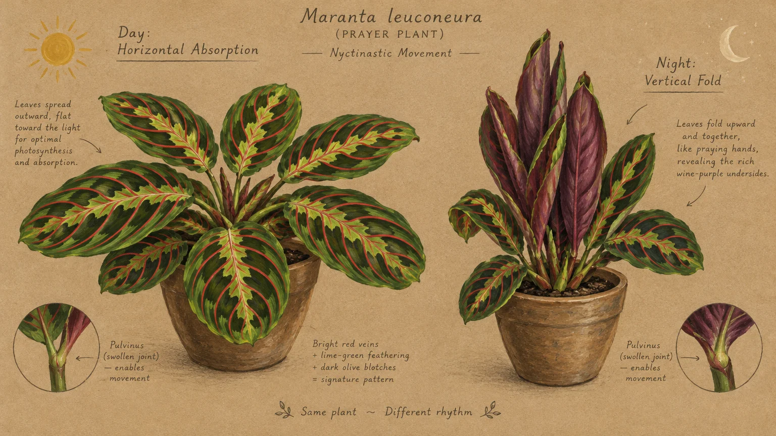 Botanical illustration comparing Maranta leuconeura leaves spread flat during the day versus folded vertically at night.