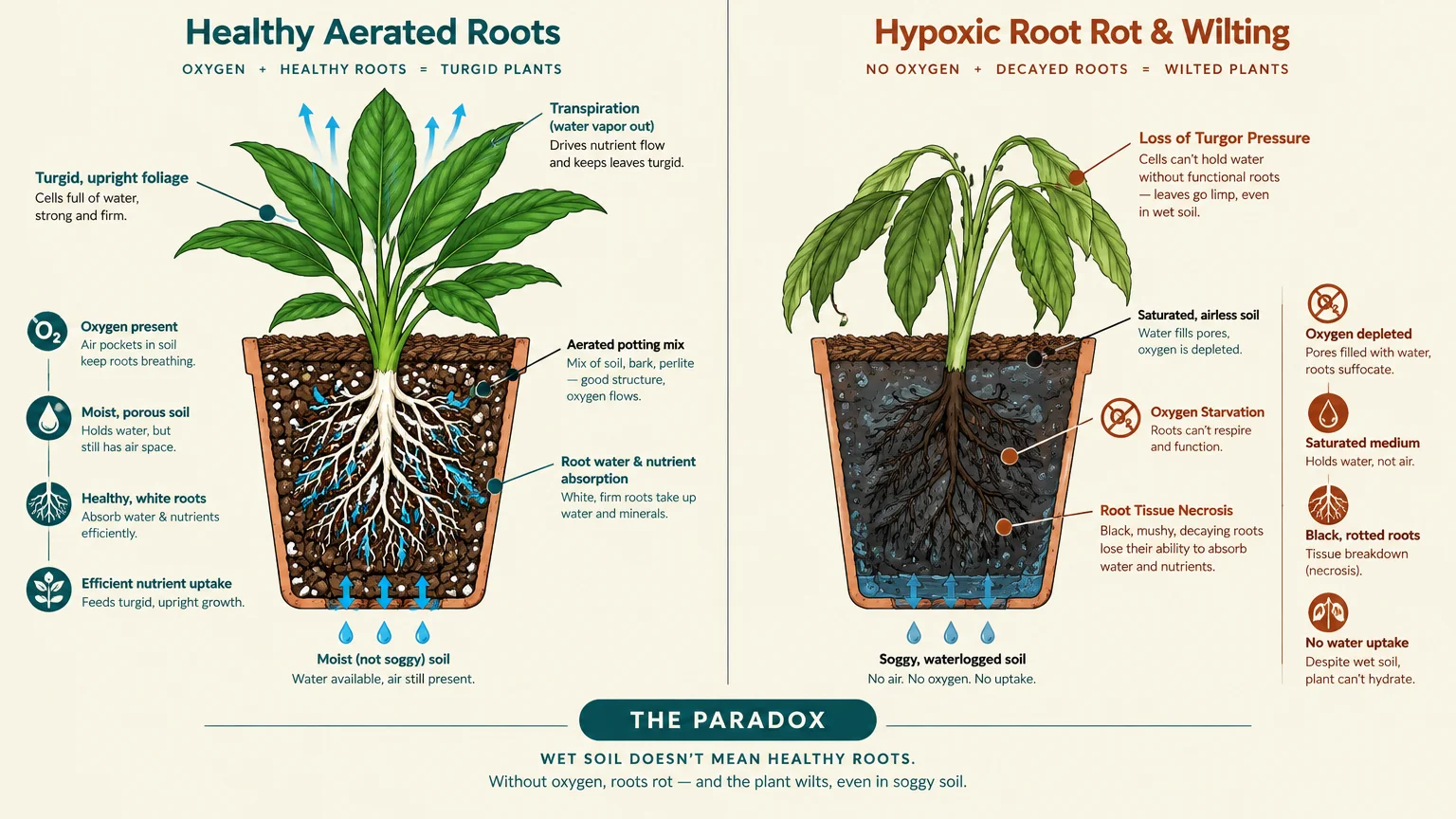 Diagram comparing healthy aerated roots and upright leaves against waterlogged roots and wilting foliage in saturated soil.