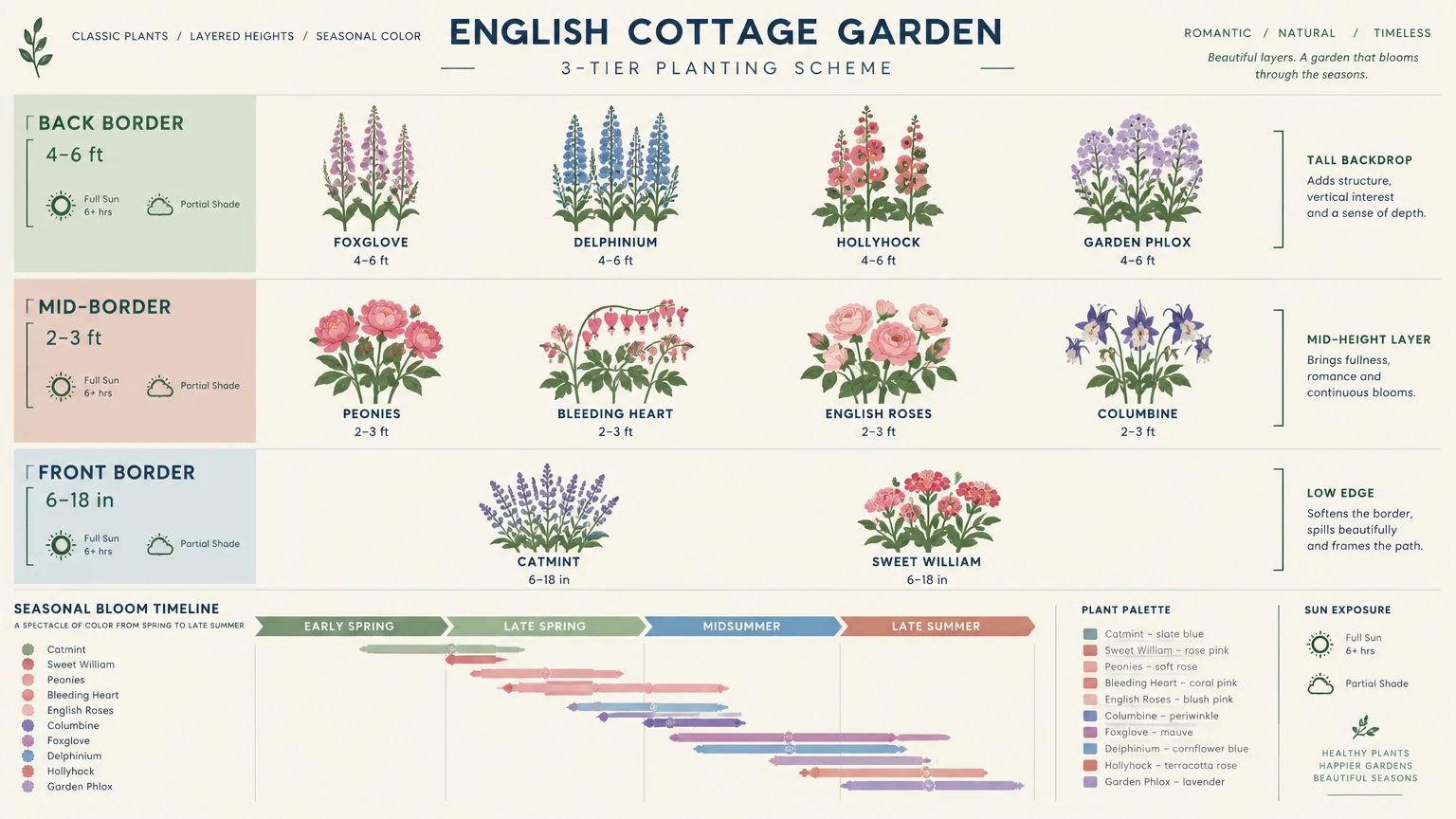 Diagram of a 3-tier English cottage garden planting scheme with plant heights and a seasonal bloom timeline chart.