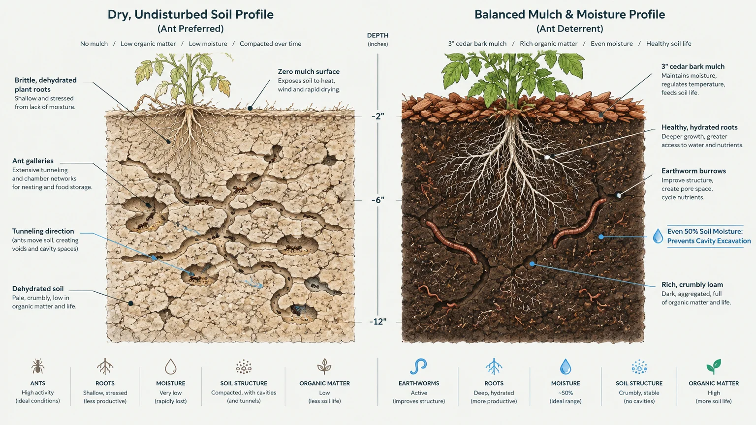 Diagram contrasting dry soil full of ant tunnels with moist, mulched soil containing earthworms and deep plant roots.