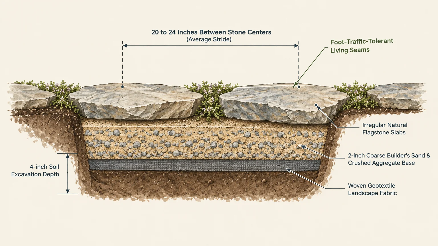 Cross-section diagram of an irregular flagstone path with base layers, ground cover, and measurement labels.