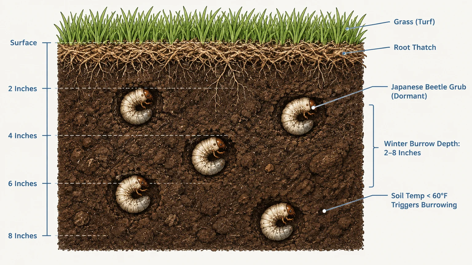 Soil cross-section diagram showing Japanese beetle grubs dormant underground at depths between two and eight inches.