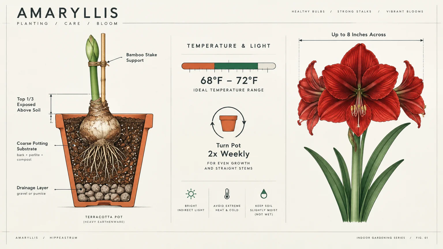 Botanical infographic showing potted amaryllis bulb cross-section, care tips, and blooming red flower measuring 8 inches across.