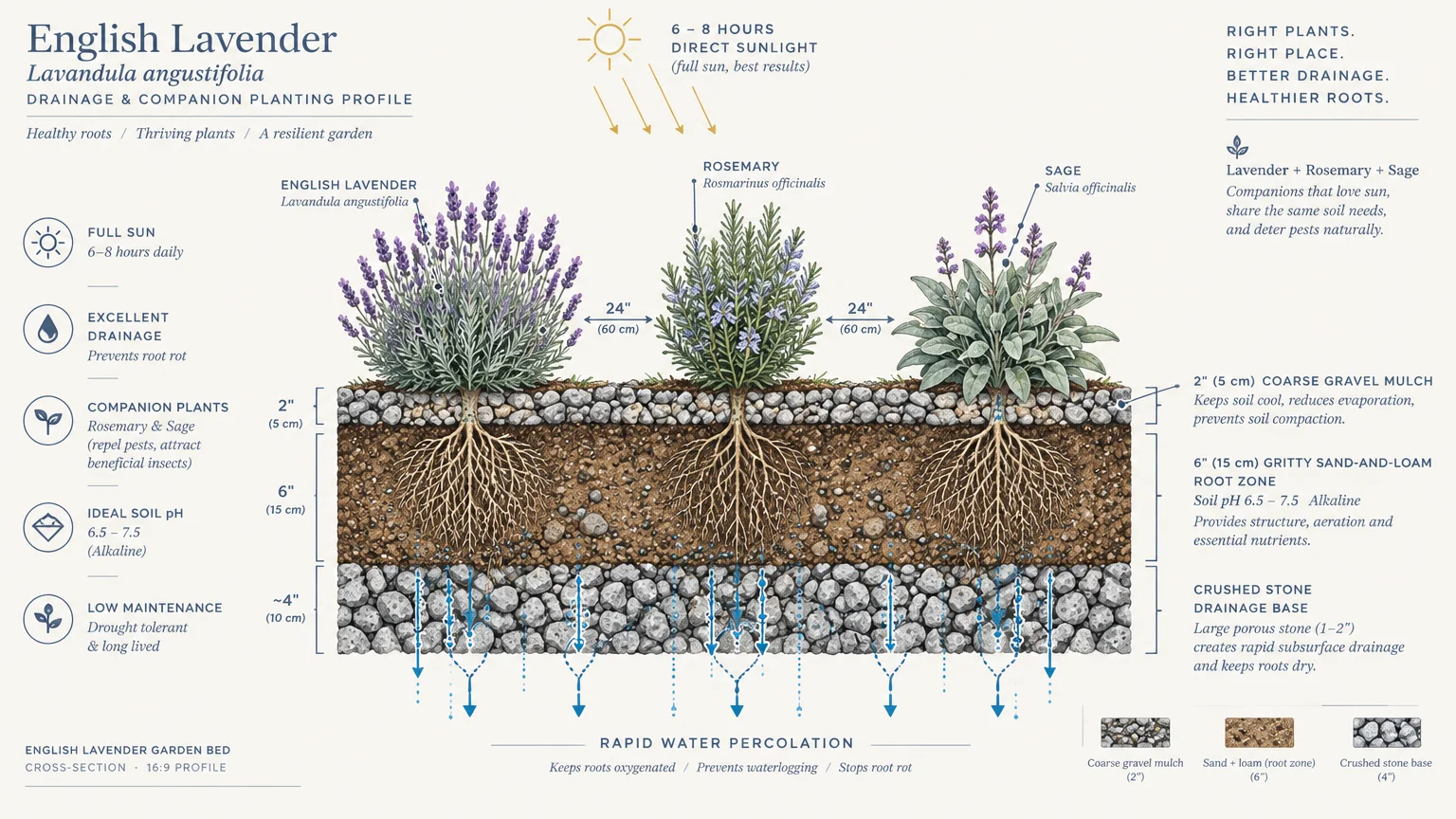 Cross-section diagram of soil and drainage layers beneath roots of lavender, rosemary, and sage plants.