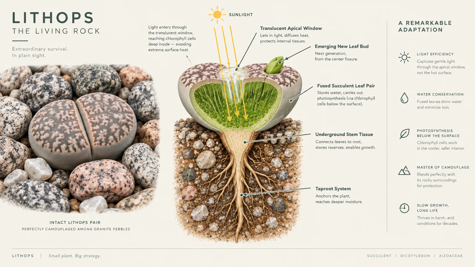 Diagram of a Lithops plant cross-section showing sunlight entering translucent windows down to underground succulent leaves.