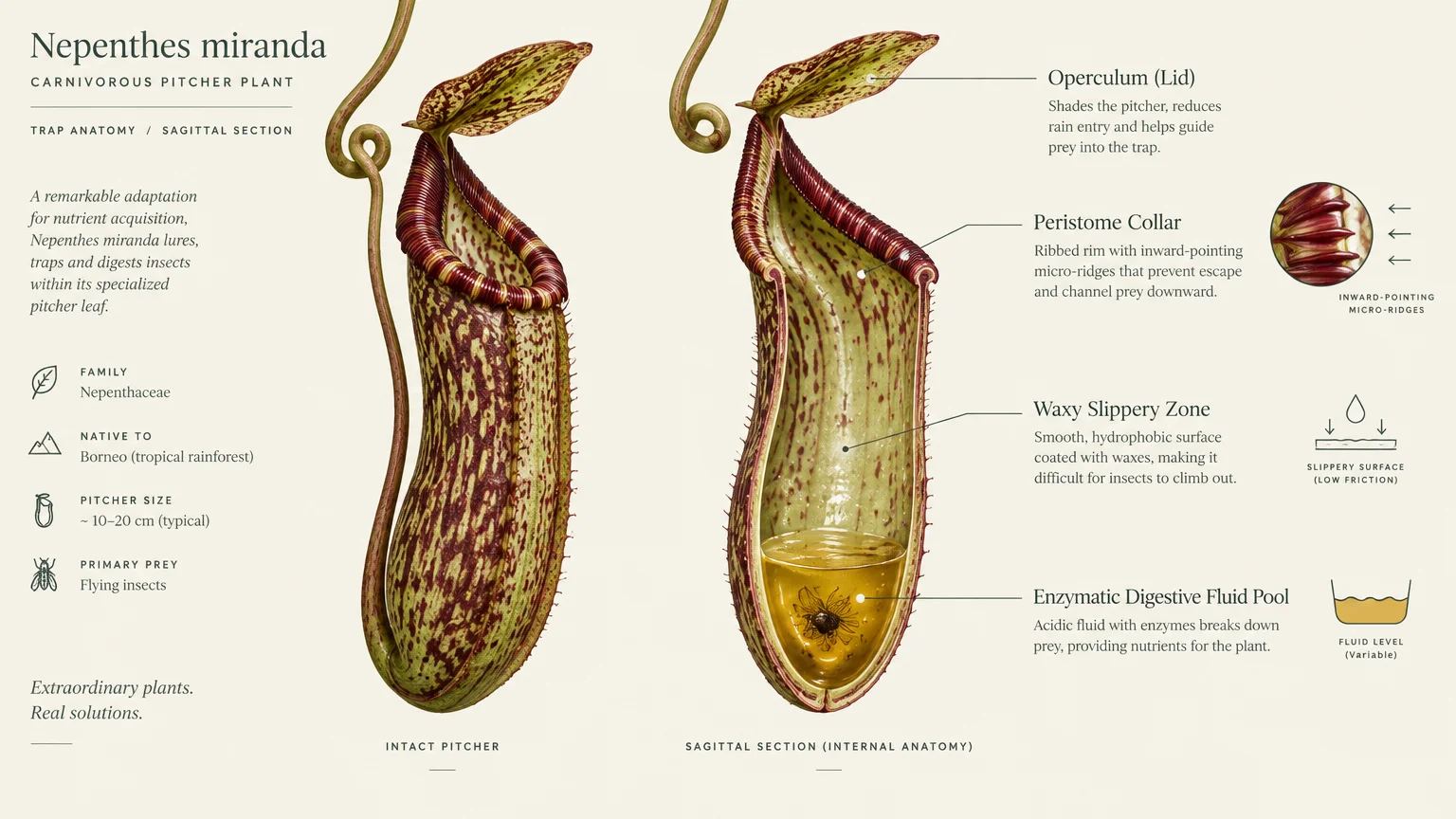 Botanical diagram of a Nepenthes miranda pitcher and cross section showing the lid, peristome, and digestive fluid pool.
