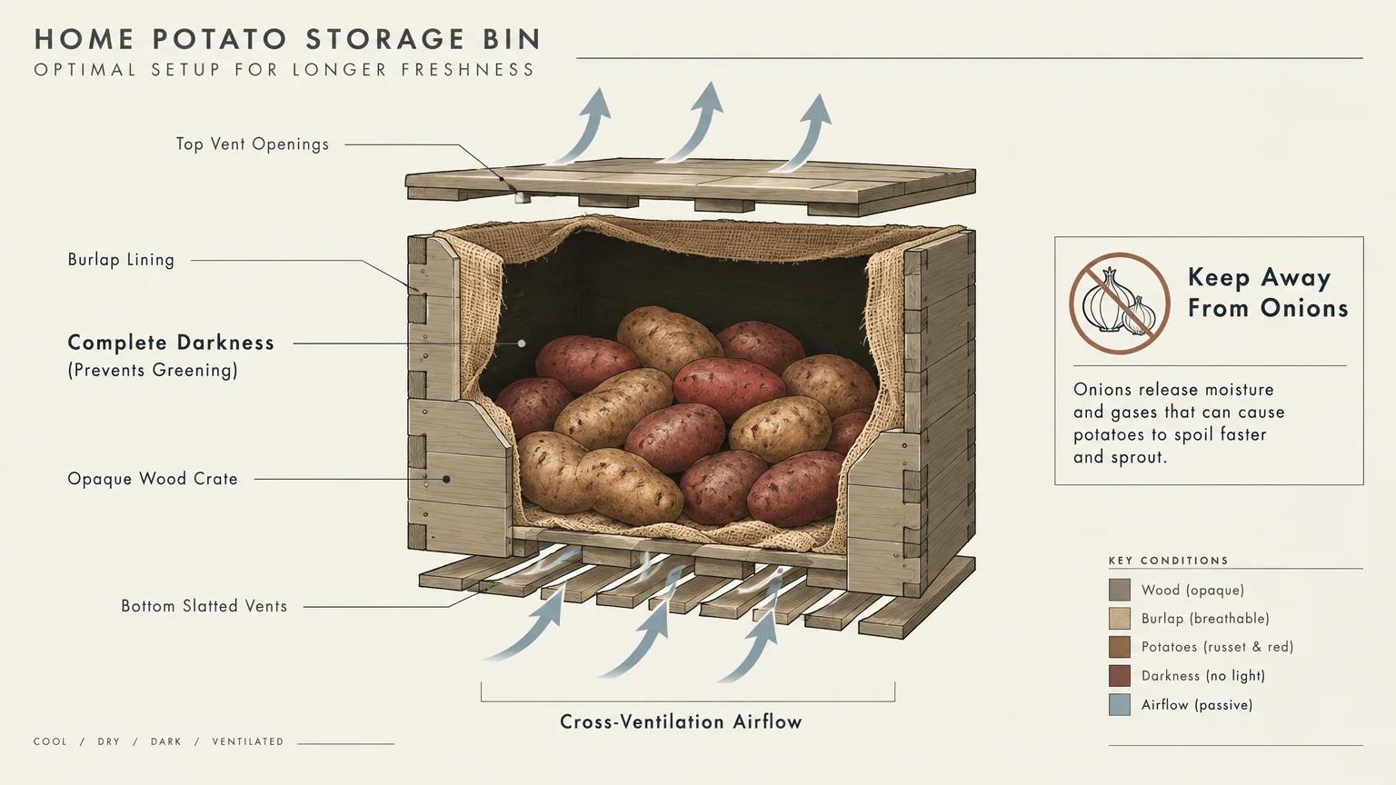 Diagram of a wooden potato storage bin with burlap lining, slatted ventilation airflow, and a warning to avoid onions.