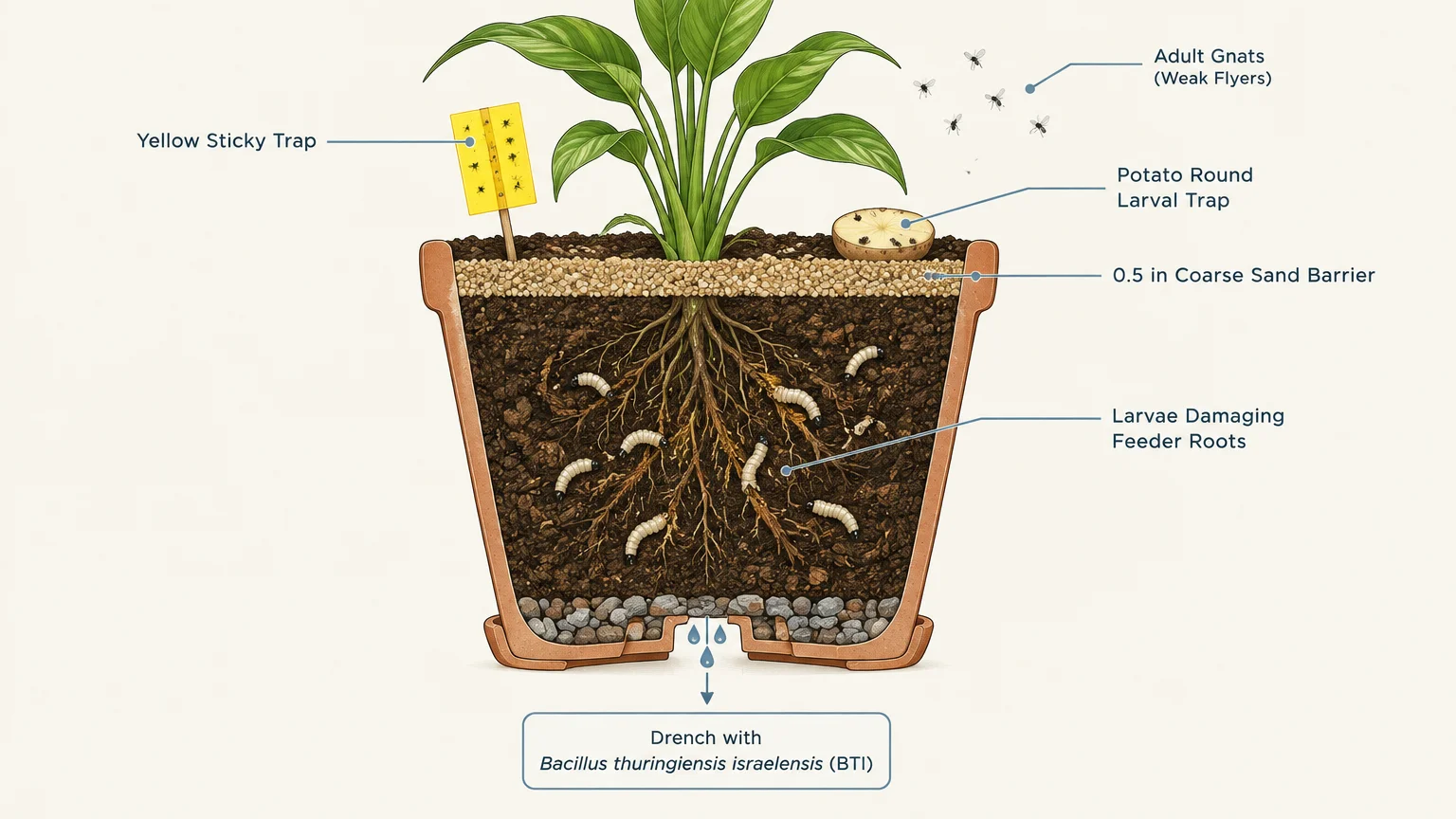 Cross-section diagram of a potted houseplant illustrating fungus gnat larvae in soil and various pest control methods.