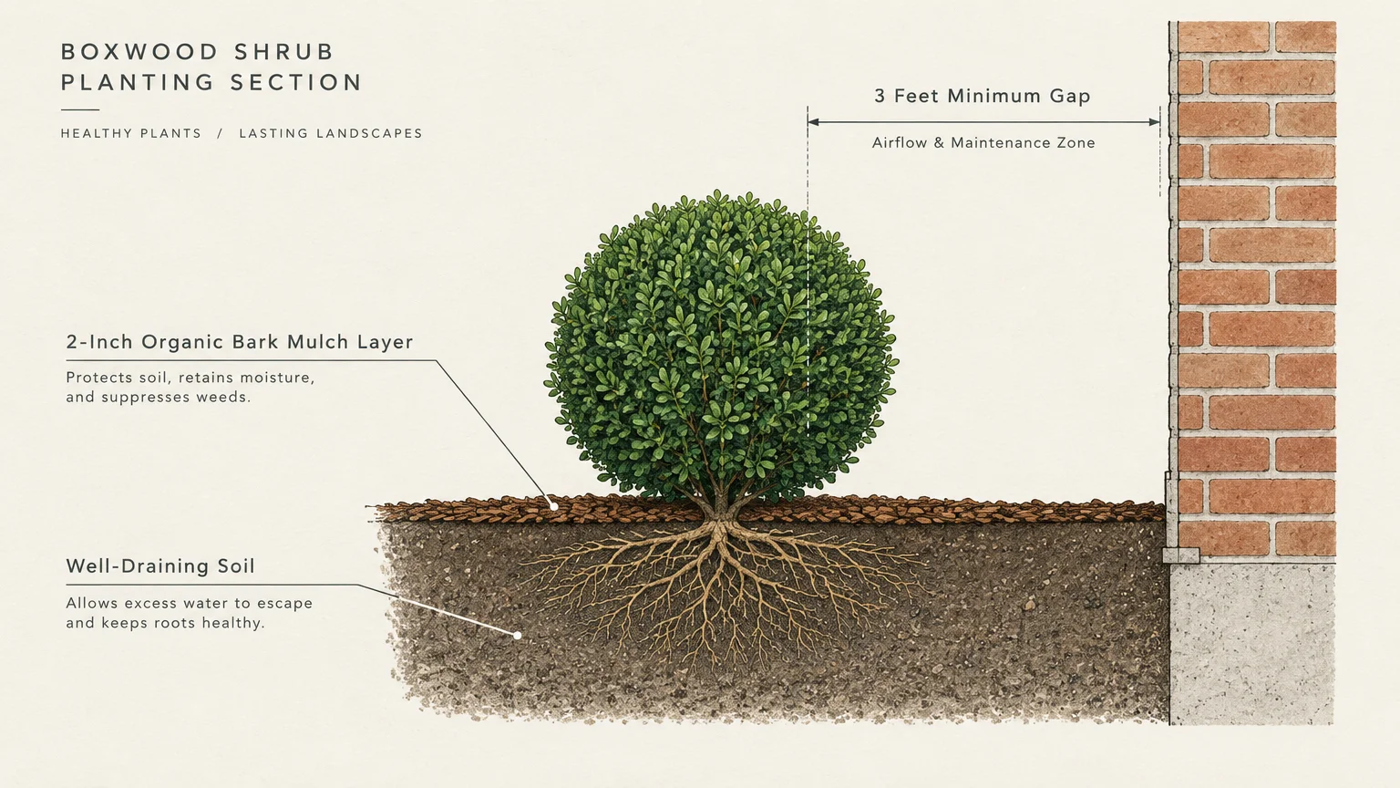 Cross-section diagram showing a round boxwood shrub planted beside a brick wall with labeled soil, mulch, and spacing gap.