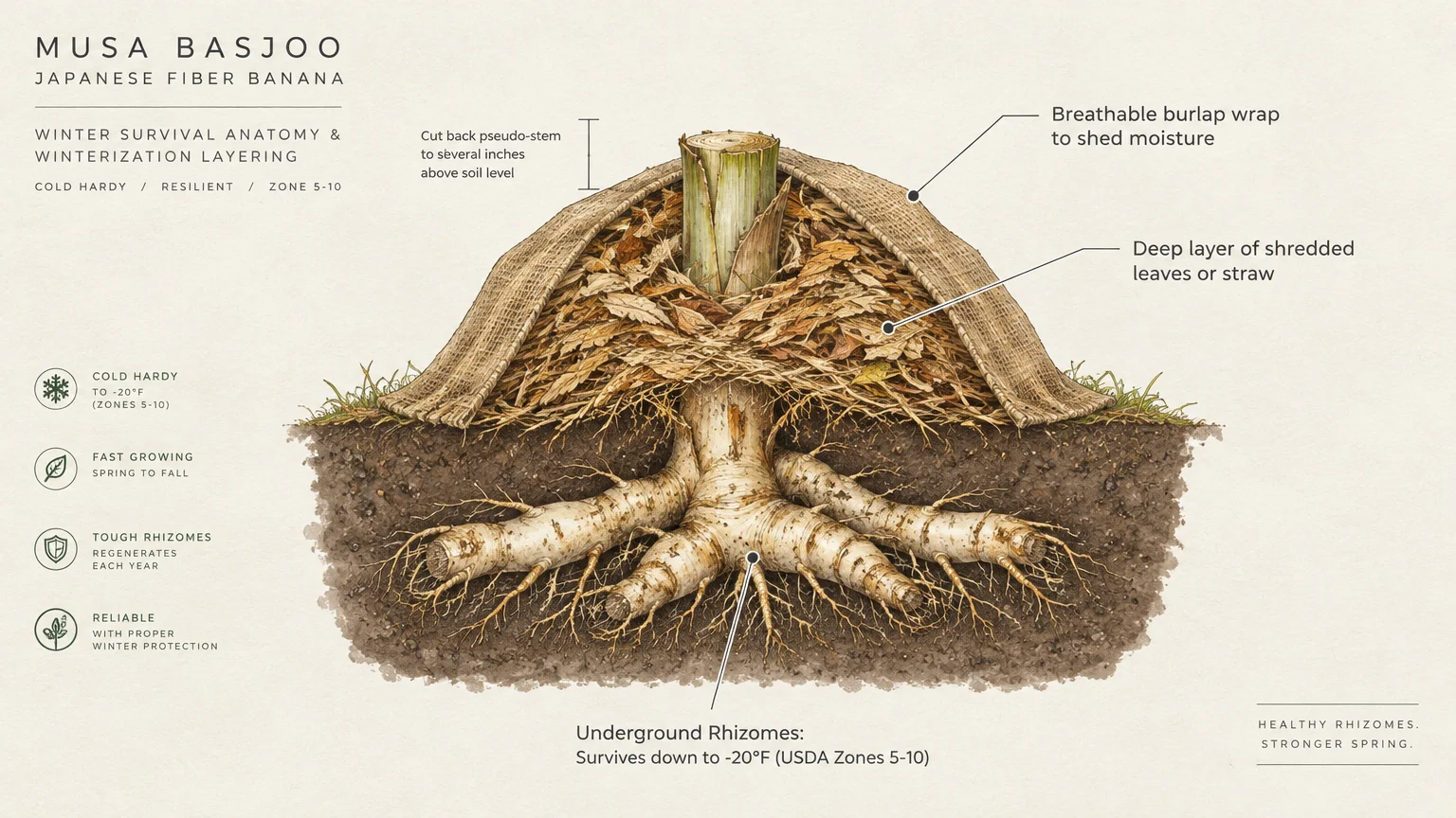 Cross-section diagram of a cut Musa basjoo stem and root rhizomes protected with shredded leaves and burlap mulch.