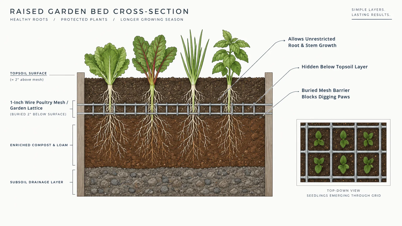 Cross-section diagram of a raised garden bed with a buried wire mesh barrier beneath growing vegetable seedlings.