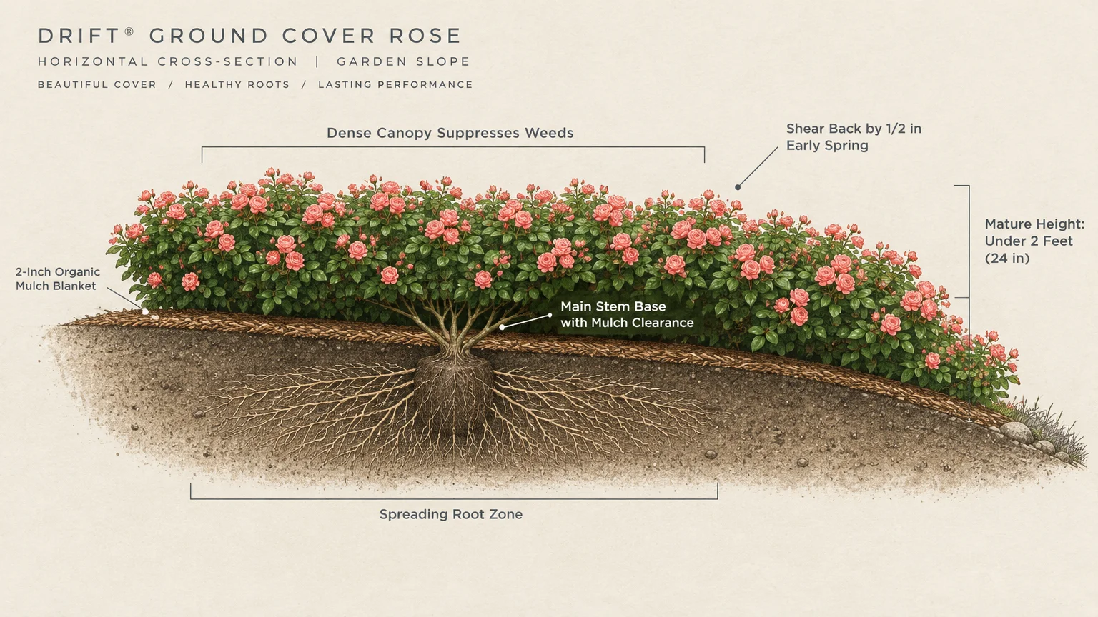 Botanical diagram of a Drift ground cover rose showing root depth, mulch layer, and labeled flowering canopy.