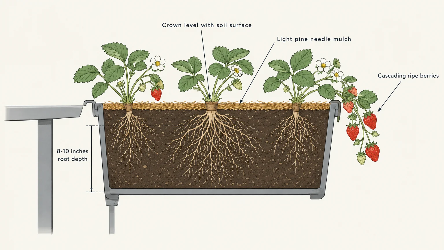 Diagram of strawberry plants in a planter showing root depth, crown placement at soil level, and mulch layer.