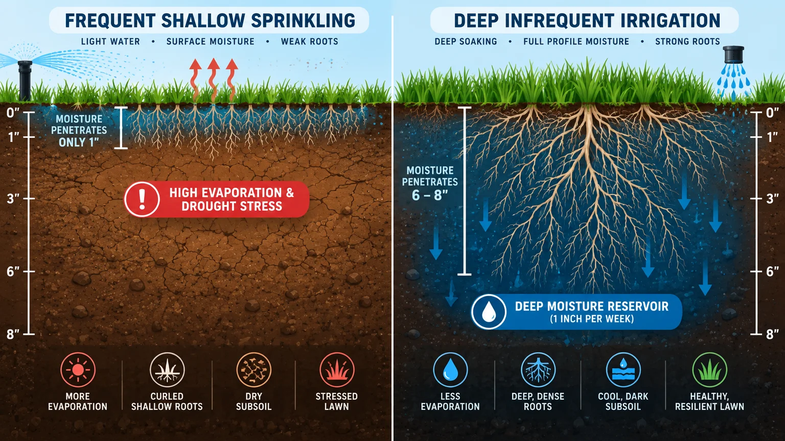 Diagram comparing shallow sprinkling with weak 1-inch roots against deep irrigation with strong, deep roots down to 8 inches.