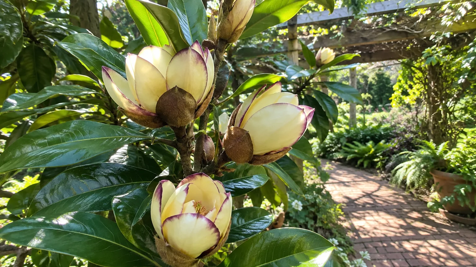 Creamy yellow flowers with purple edges bloom among glossy green leaves along a brick garden pathway.