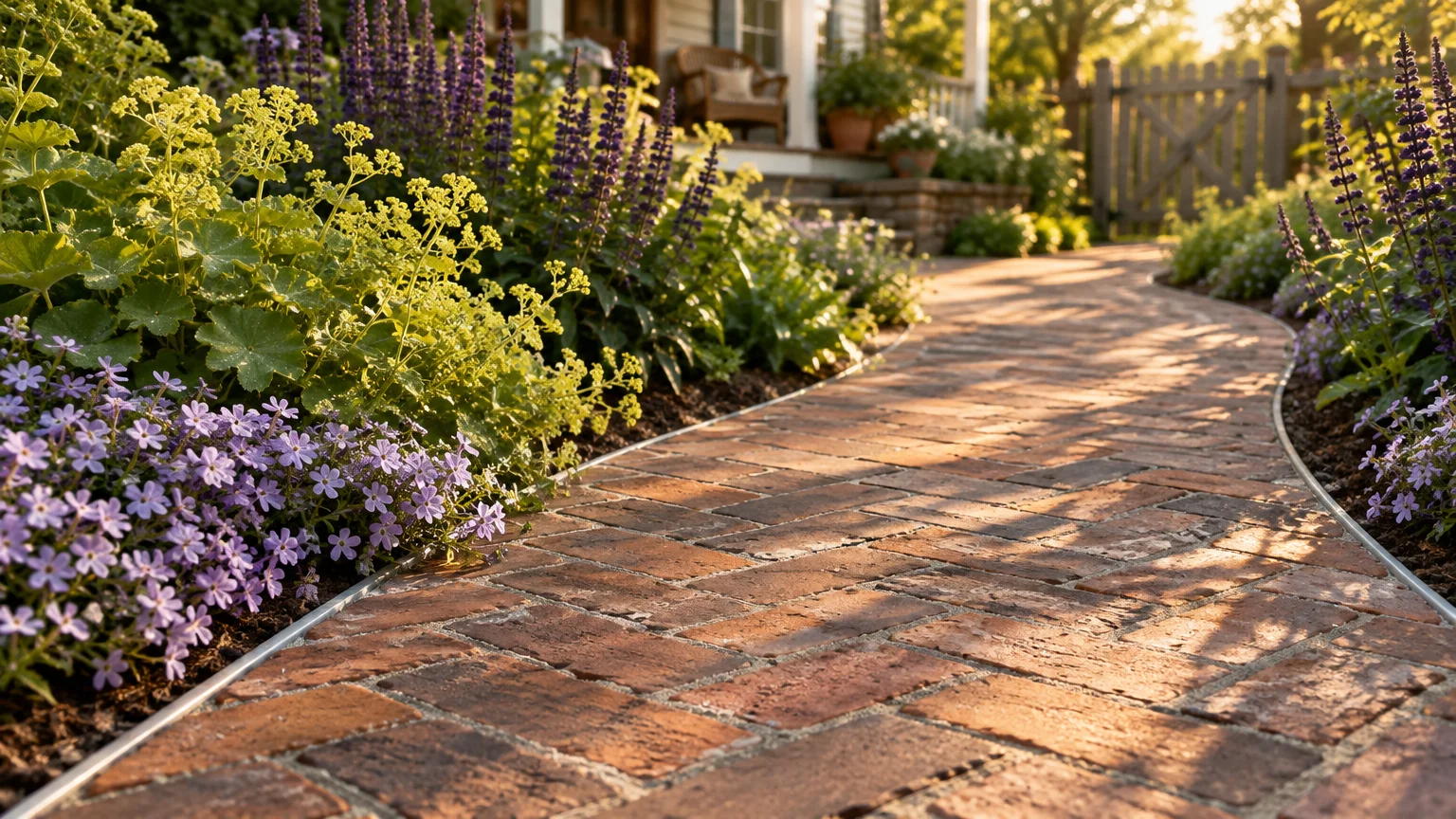 Curving red brick walkway laid in a herringbone pattern bordered by blooming purple and yellow flowers in warm sunlight.