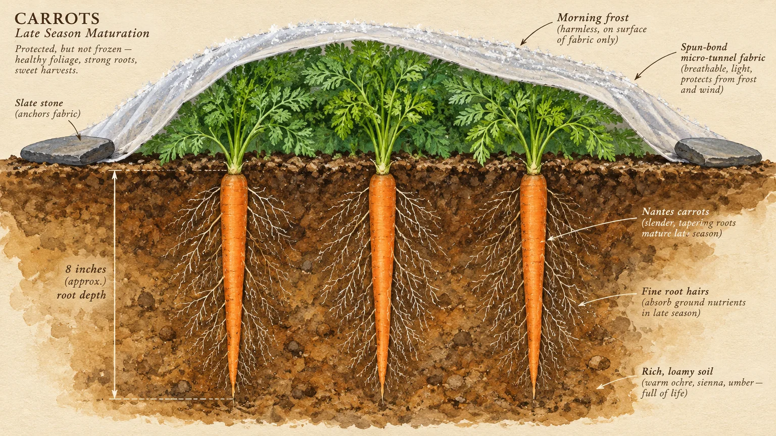 Cross-section illustration of three carrots growing underground beneath a frost-covered protective fabric canopy.