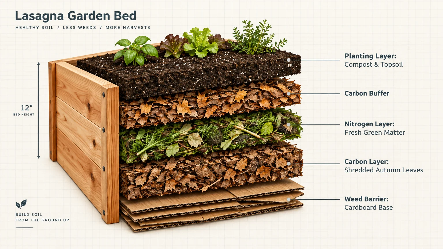 Cross-section diagram of a wooden raised garden bed showing stacked layers of cardboard, leaves, greens, and soil.