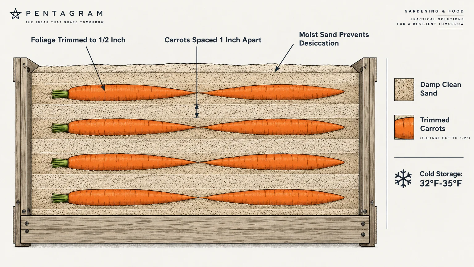 Cross-section diagram of trimmed carrots arranged in layers of damp sand inside a wooden storage crate.