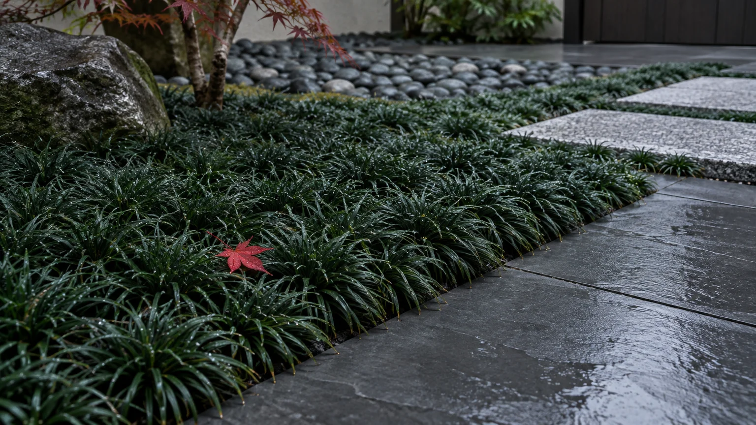 Dark green dwarf mondo grass edging a wet slate pathway beside a stone and Japanese maple with a fallen red leaf.
