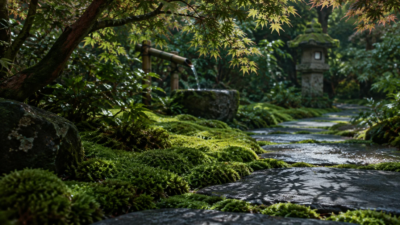 Stone stepping-stone path winding through lush green moss, with a bamboo water fountain and stone lantern in the background.