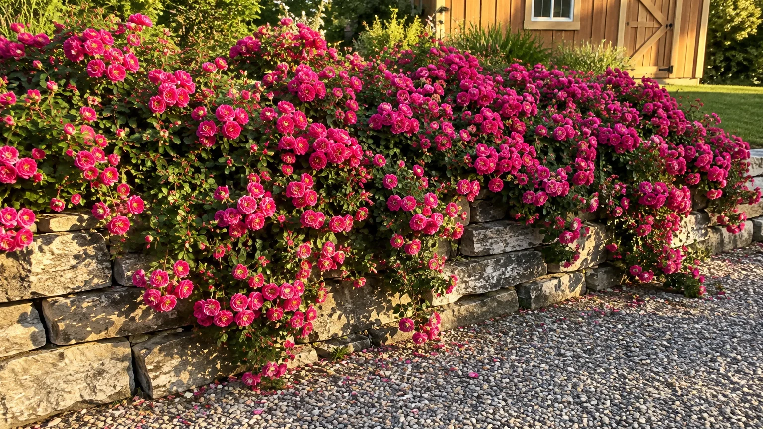 Vibrant magenta groundcover roses spilling over a low stone retaining wall next to a gravel path and garden shed.