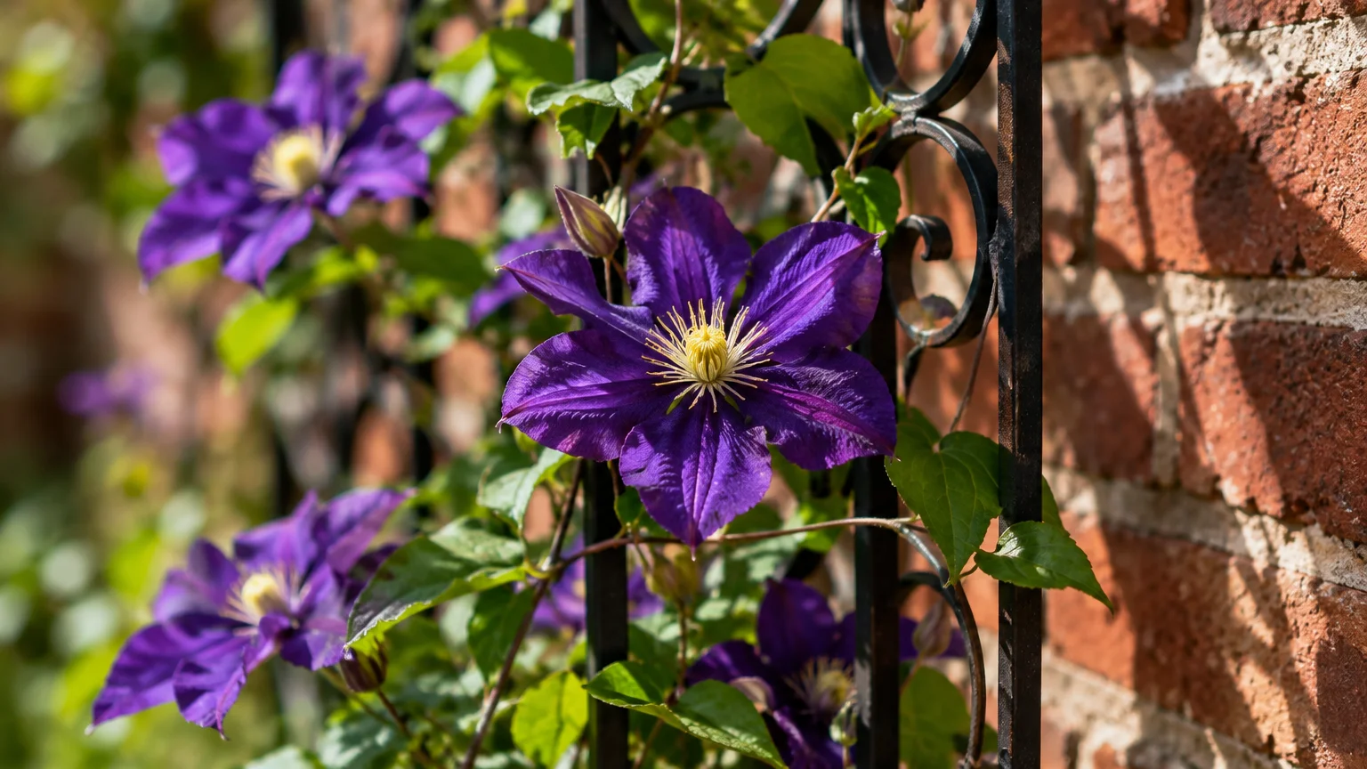 Purple clematis flowers with yellow centers climb a black wrought-iron trellis against a red brick wall.