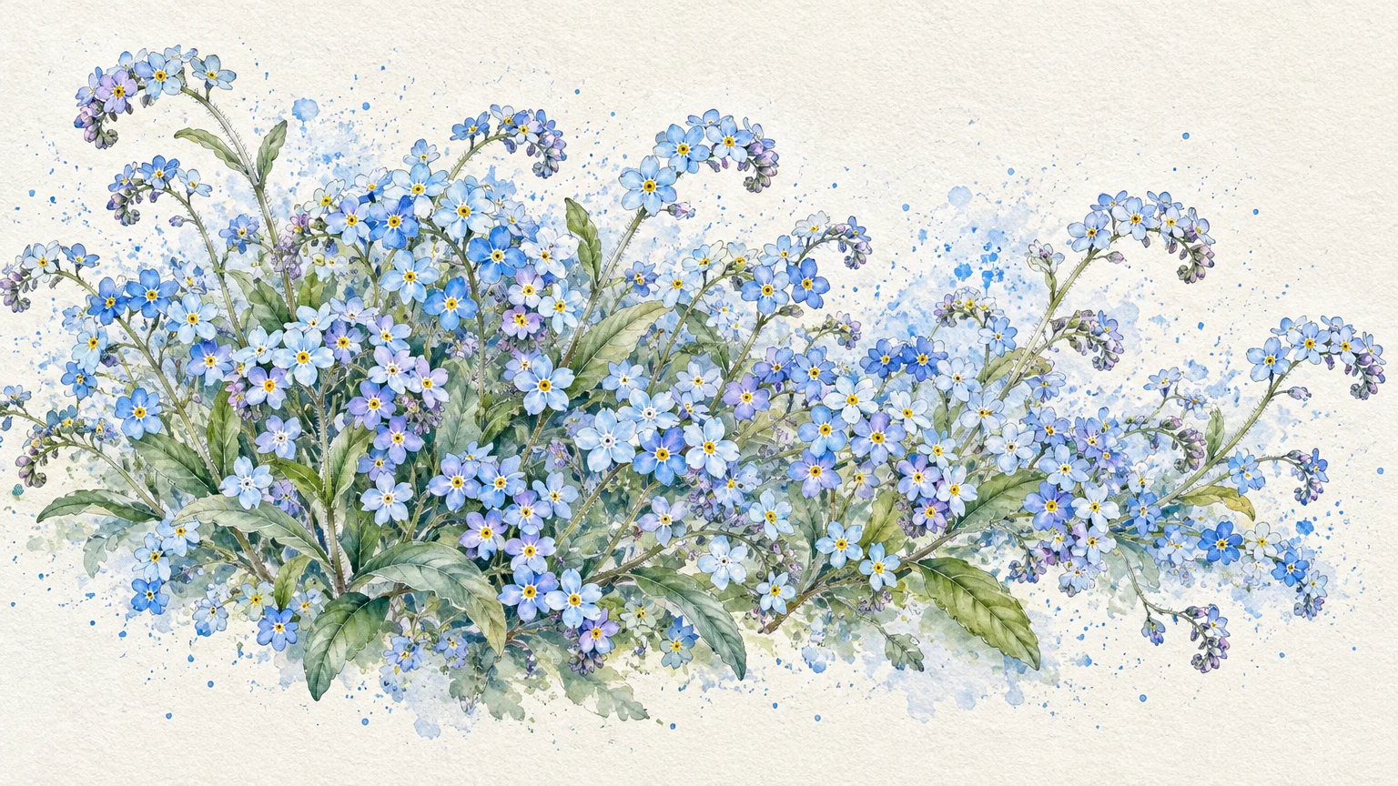 Watercolor illustration of a cluster of blue forget-me-not flowers with green leaves and blue paint splatters.