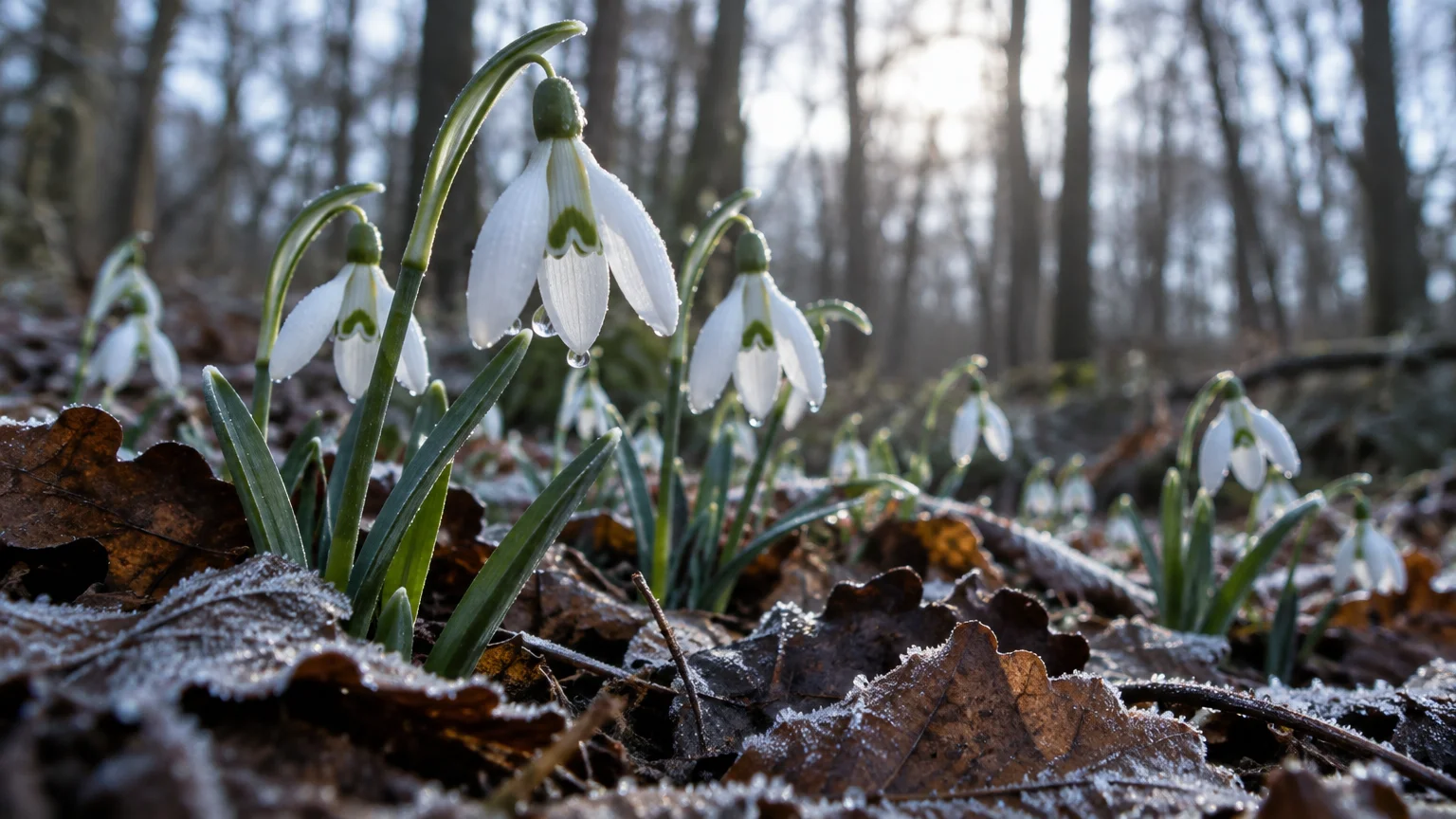 White snowdrop flowers with green inner markings blooming among frosty fallen leaves in a sunlit forest.