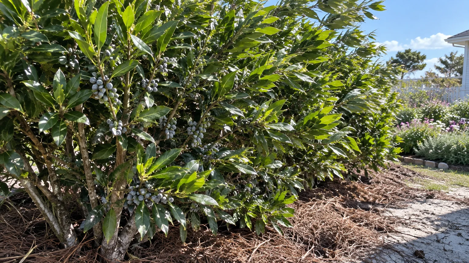 Wax myrtle shrubs with glossy green leaves and pale blue-gray berries growing along a garden bed mulched with pine needles.