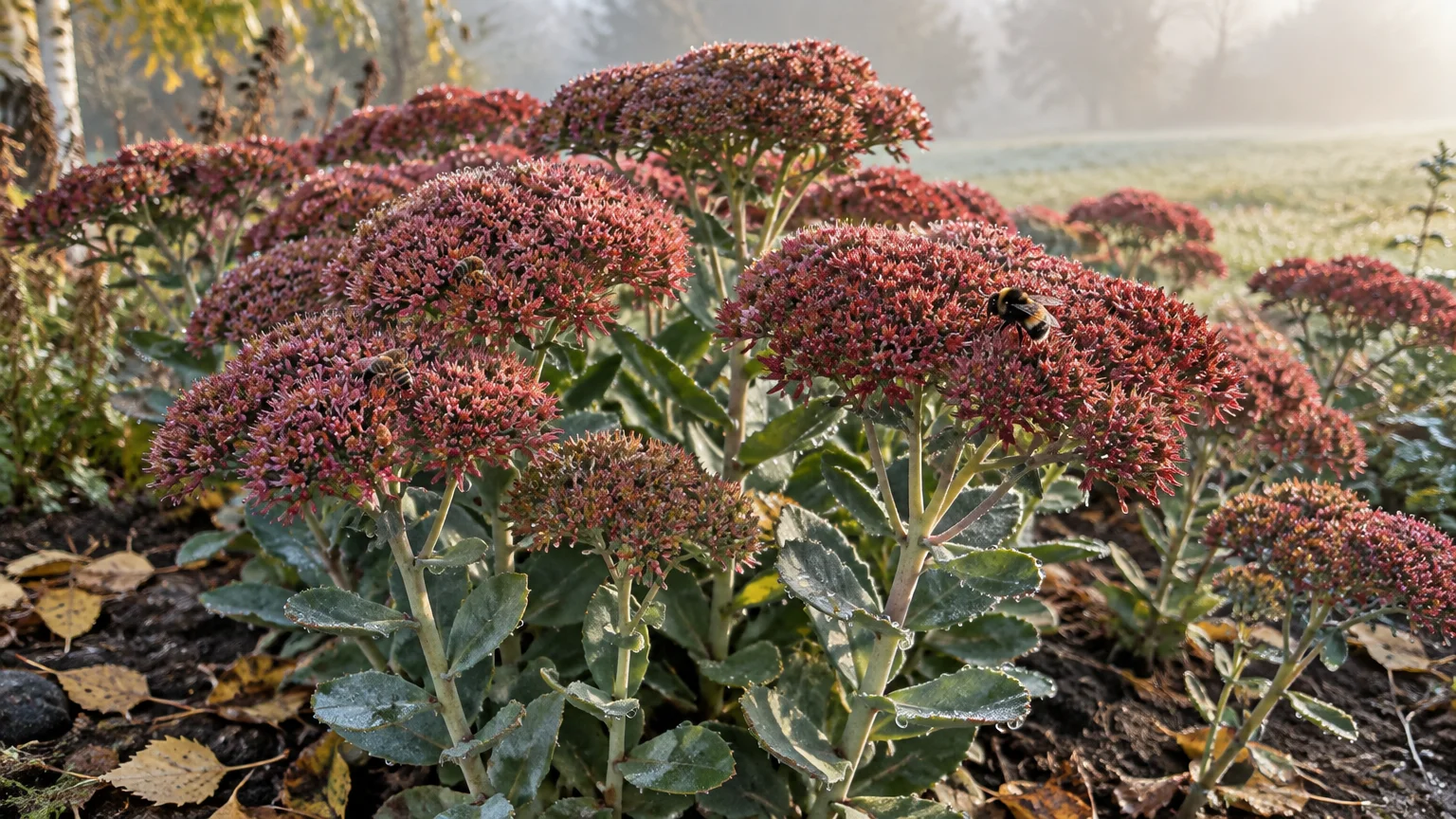 Clump of sedum plants with rounded clusters of reddish-pink flowers and green leaves outdoors with bees on the blooms.