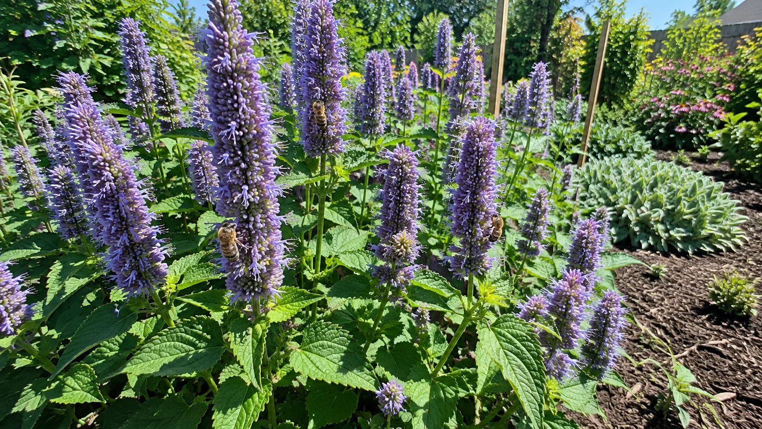 Bees foraging on upright violet flower spikes of anise hyssop plants in a sunny garden bed.