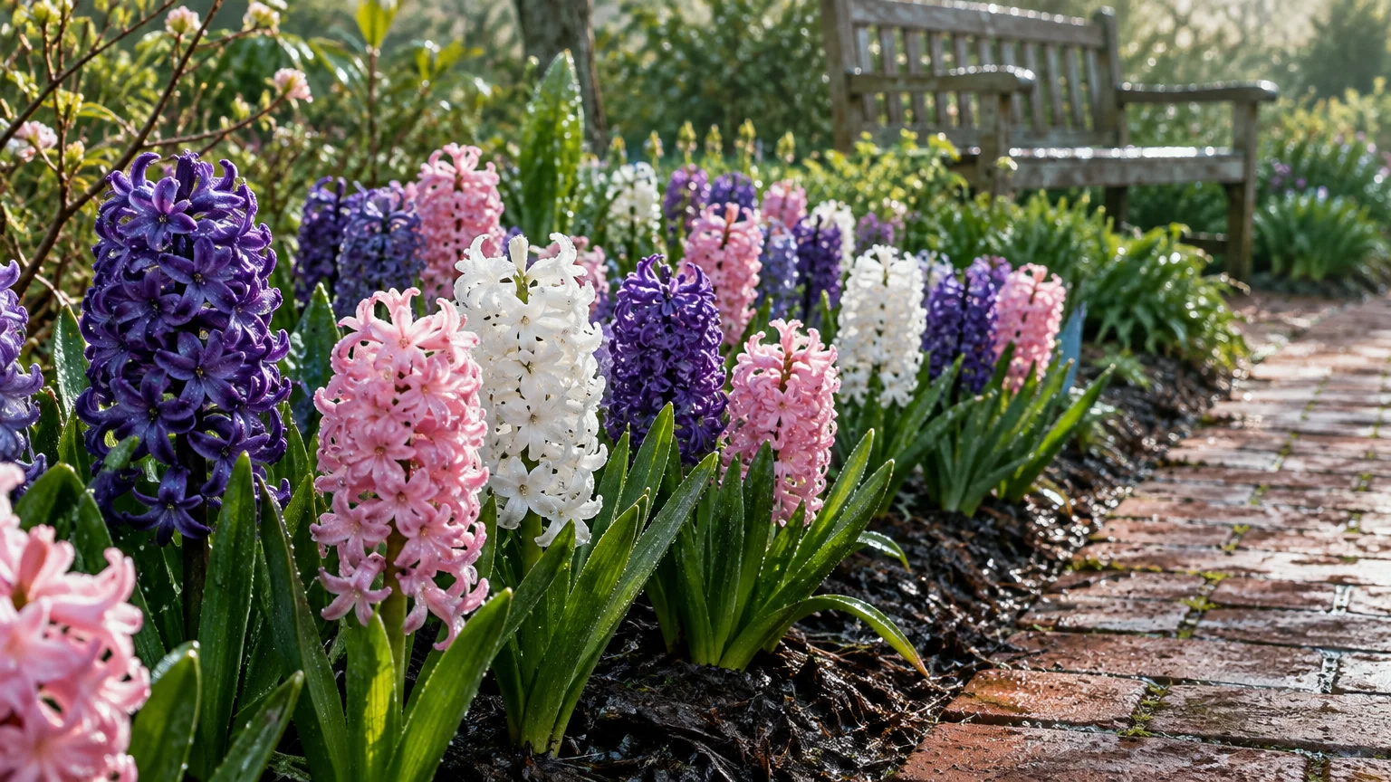 Purple, pink, and white hyacinths bloom along a brick garden pathway near a wooden bench.