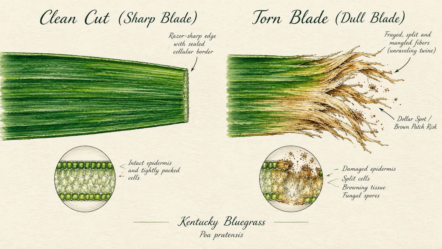 Diagram comparing a clean-cut grass blade from a sharp mower blade to a frayed, torn blade with cellular close-ups.