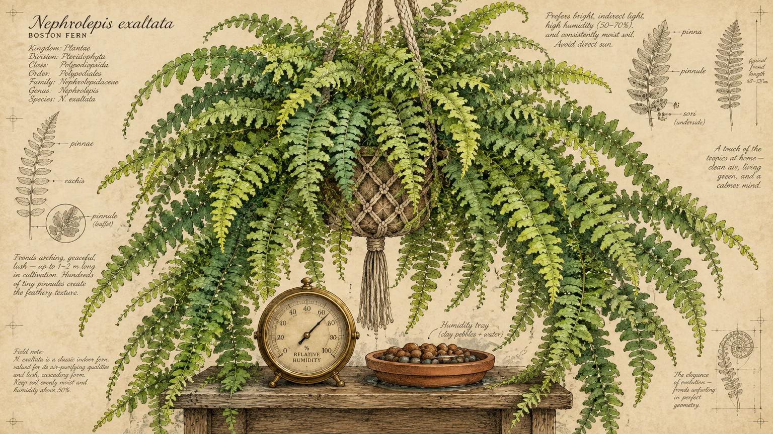 Botanical illustration of a Boston fern in a macrame hanger above a hygrometer and pebble humidity tray.