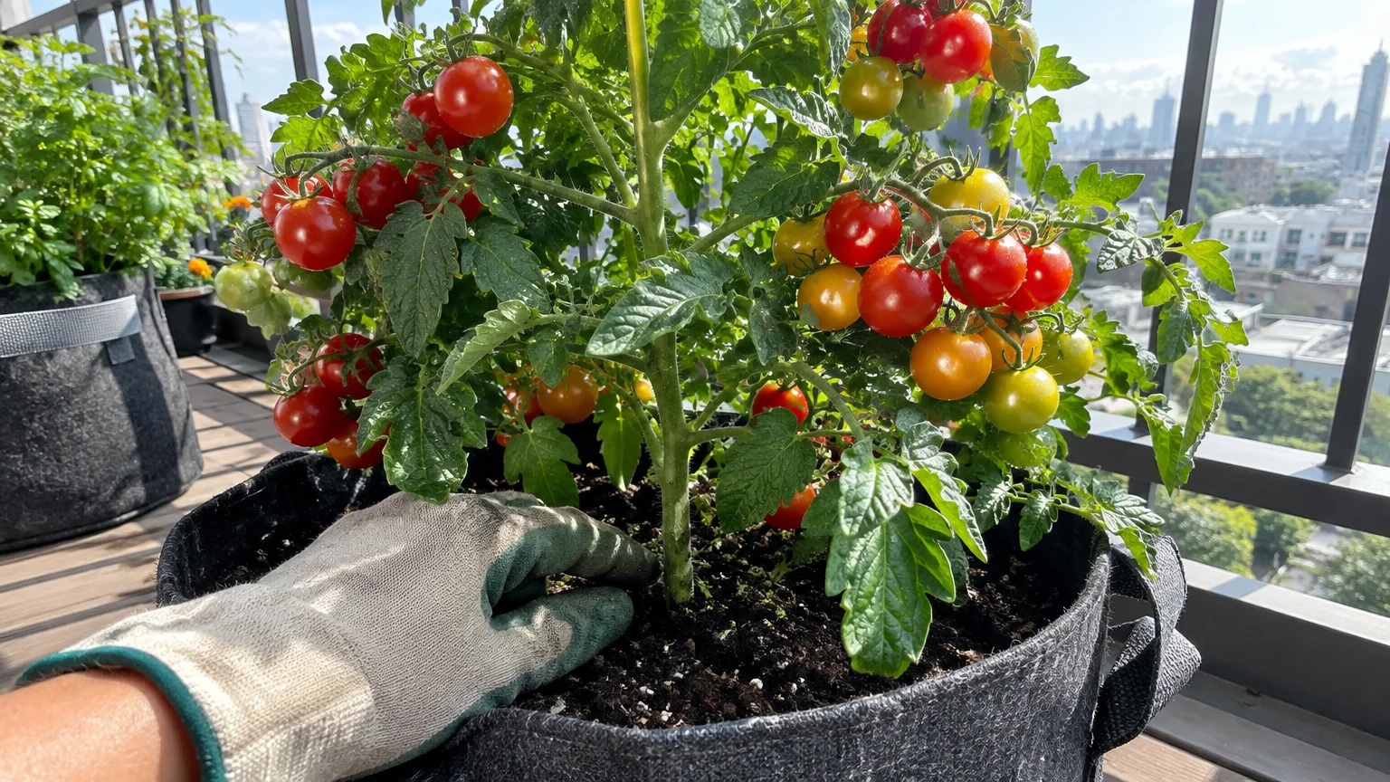 Potted cherry tomato plant laden with ripe red and green fruits in a black fabric grow bag on a sunny balcony.