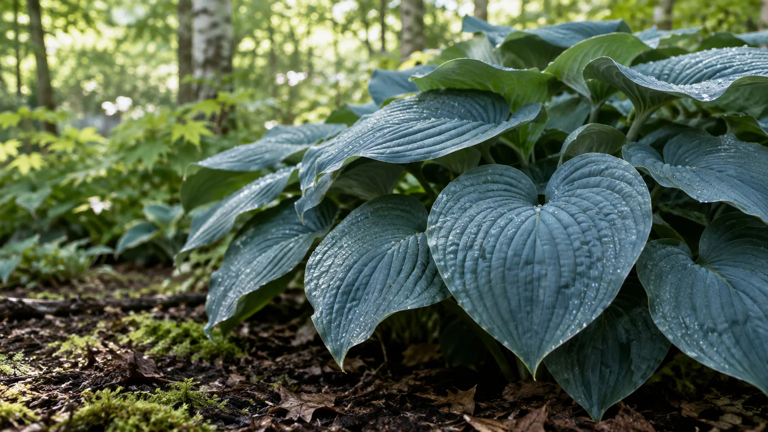 Large, heart-shaped blue hosta leaves covered in water droplets grow in a shady woodland garden.