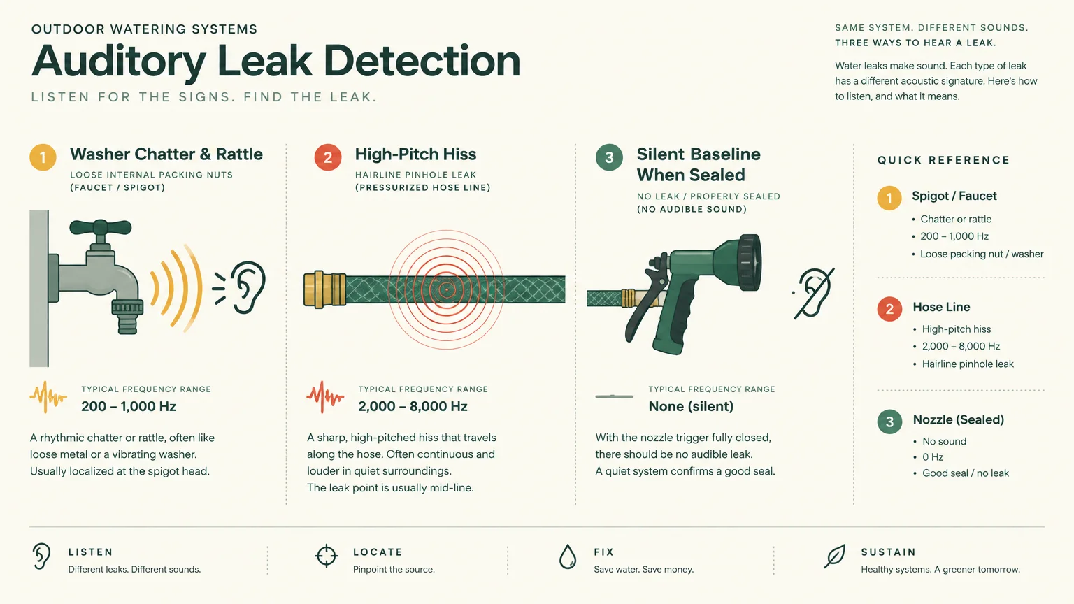 Infographic diagram comparing leak sounds for an outdoor faucet rattle, hose line hiss, and a silent sealed spray nozzle.