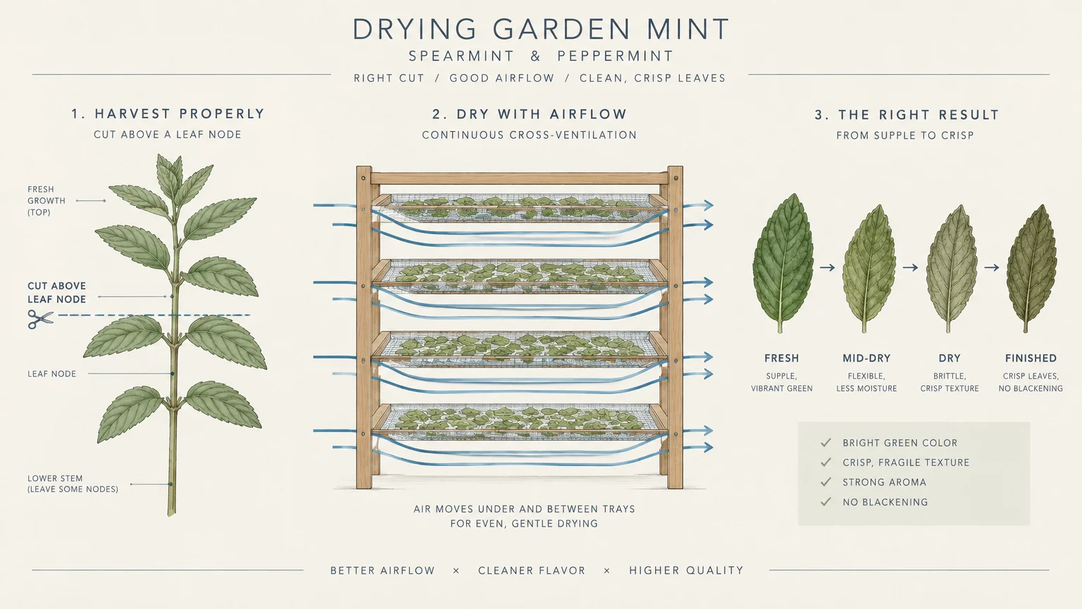 Diagram showing how to cut mint above a leaf node, dry leaves on ventilated mesh racks, and evaluate dried leaves.