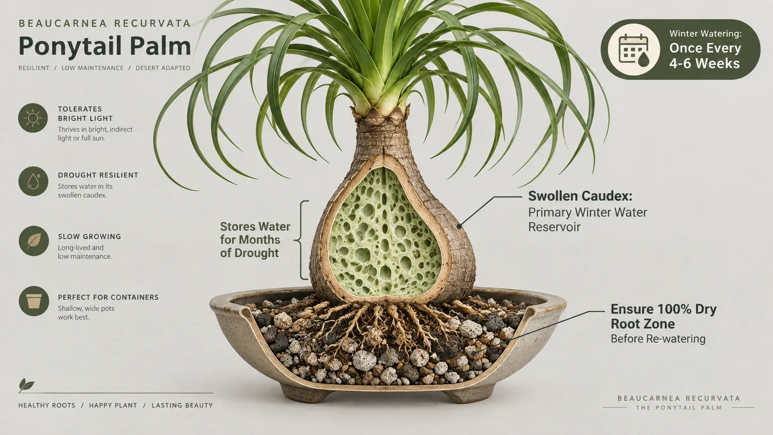 Cutaway diagram of a potted ponytail palm showing its internal water-storing caudex and root system.